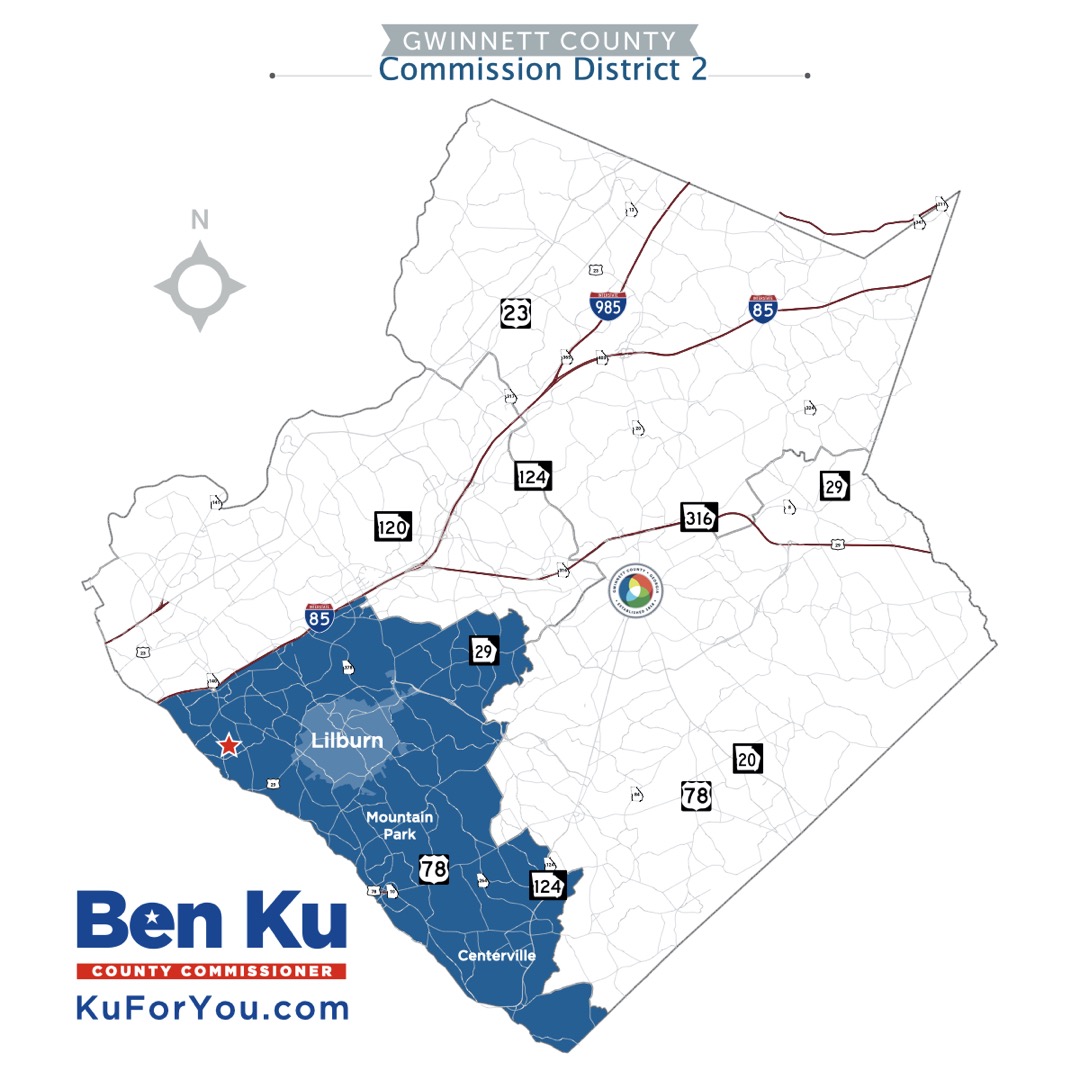 Map of the new Gwinnett County Commissioner District 2 covering Lilburn, Tucker, Mountain Park, Stone Mountain, and Centerville